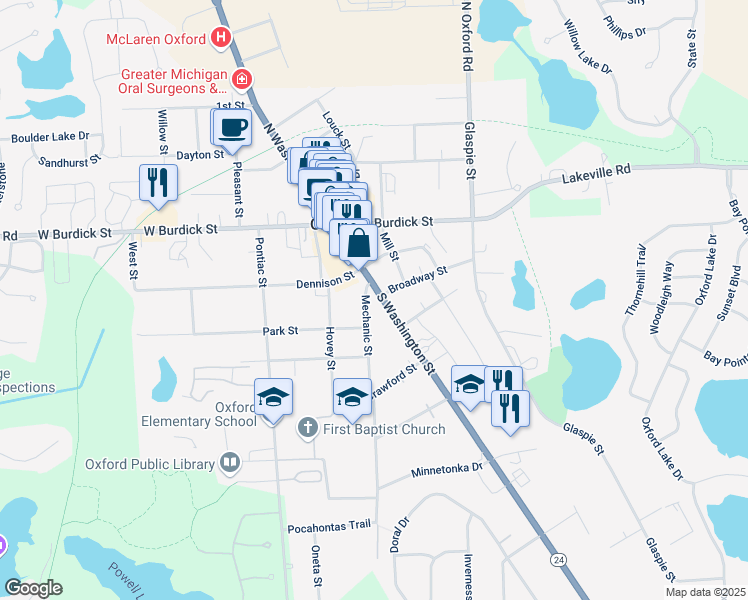 map of restaurants, bars, coffee shops, grocery stores, and more near 19 Mechanic Street in Oakland County