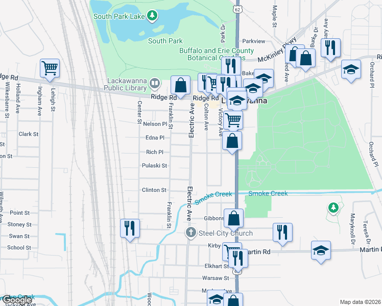 map of restaurants, bars, coffee shops, grocery stores, and more near Electric Ave & Maple Grove Ave in Buffalo