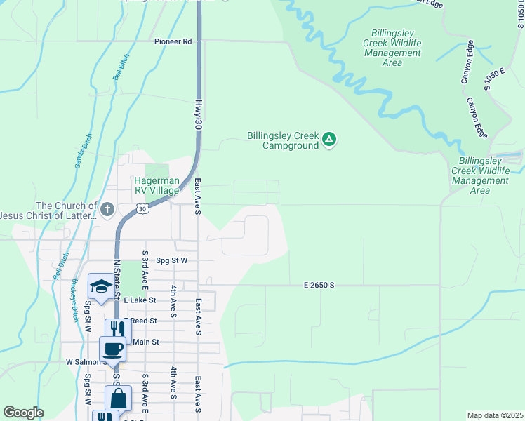 map of restaurants, bars, coffee shops, grocery stores, and more near 10 Valley Circle in Hagerman