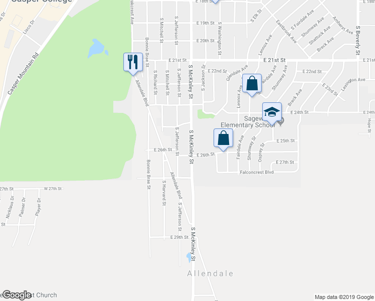 map of restaurants, bars, coffee shops, grocery stores, and more near 2610 South McKinley Street in Casper
