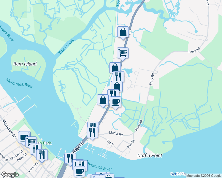 map of restaurants, bars, coffee shops, grocery stores, and more near 136 Bridge Road in Salisbury