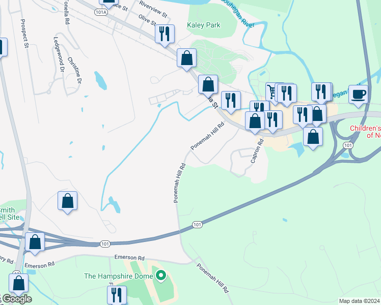 map of restaurants, bars, coffee shops, grocery stores, and more near 66 Ponemah Hill Road in Milford
