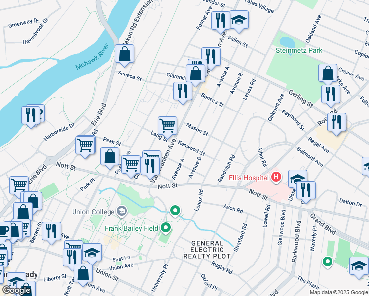 map of restaurants, bars, coffee shops, grocery stores, and more near 1613 Avenue A in Schenectady