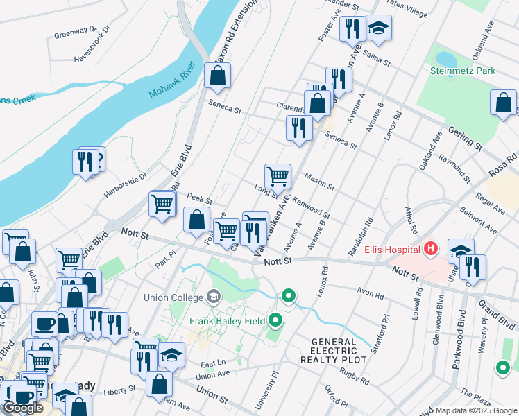 map of restaurants, bars, coffee shops, grocery stores, and more near 1589 Van Vranken Avenue in Schenectady
