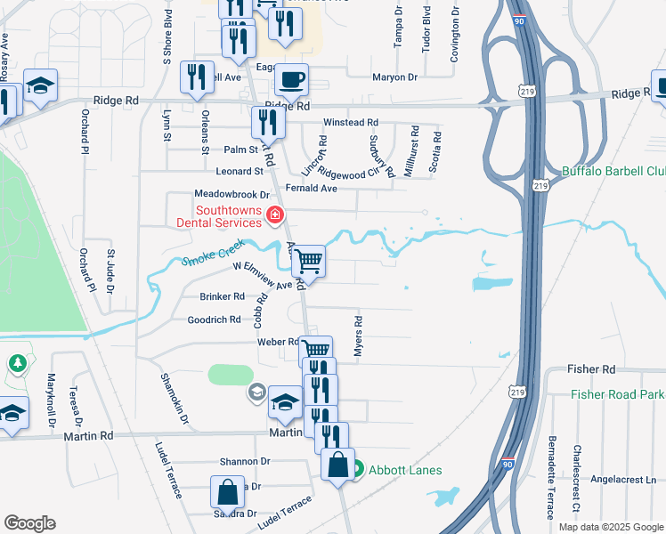 map of restaurants, bars, coffee shops, grocery stores, and more near 30 Elmview Avenue in Buffalo