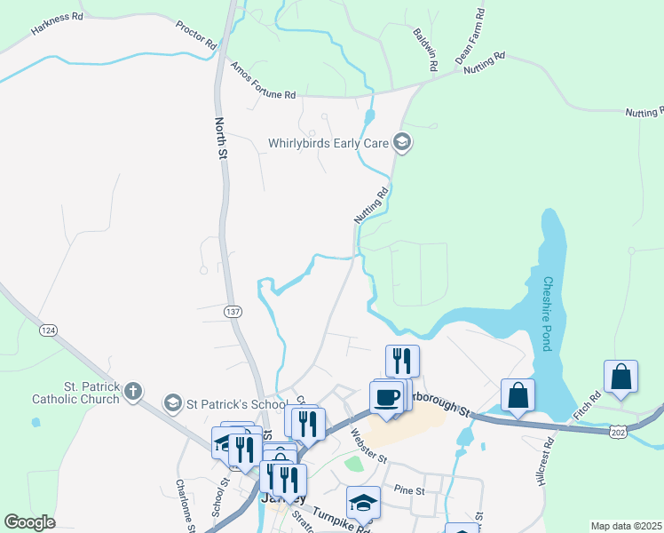 map of restaurants, bars, coffee shops, grocery stores, and more near 79 Nutting Road in Jaffrey