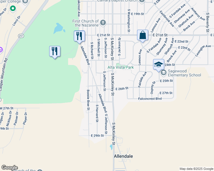map of restaurants, bars, coffee shops, grocery stores, and more near 2610 South McKinley Street in Casper