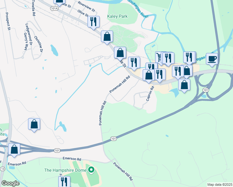 map of restaurants, bars, coffee shops, grocery stores, and more near 63 Ponemah Hill Road in Milford