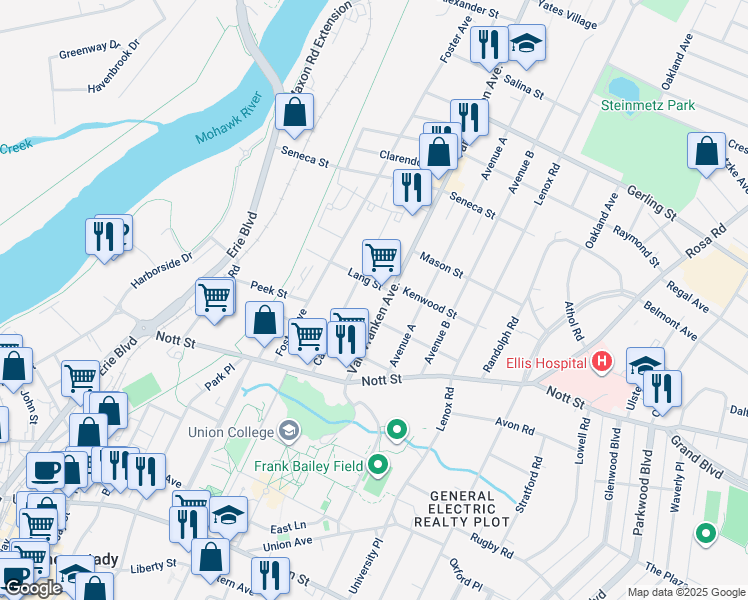 map of restaurants, bars, coffee shops, grocery stores, and more near 1589 Van Vranken Avenue in Schenectady