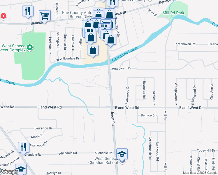 map of restaurants, bars, coffee shops, grocery stores, and more near 800 New York 277 in West Seneca