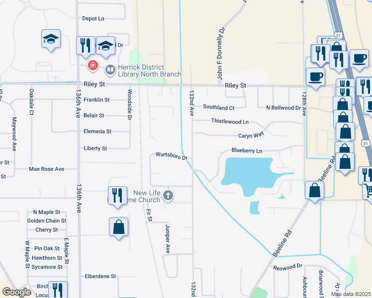 map of restaurants, bars, coffee shops, grocery stores, and more near 13239 Wurtsboro Drive in Holland