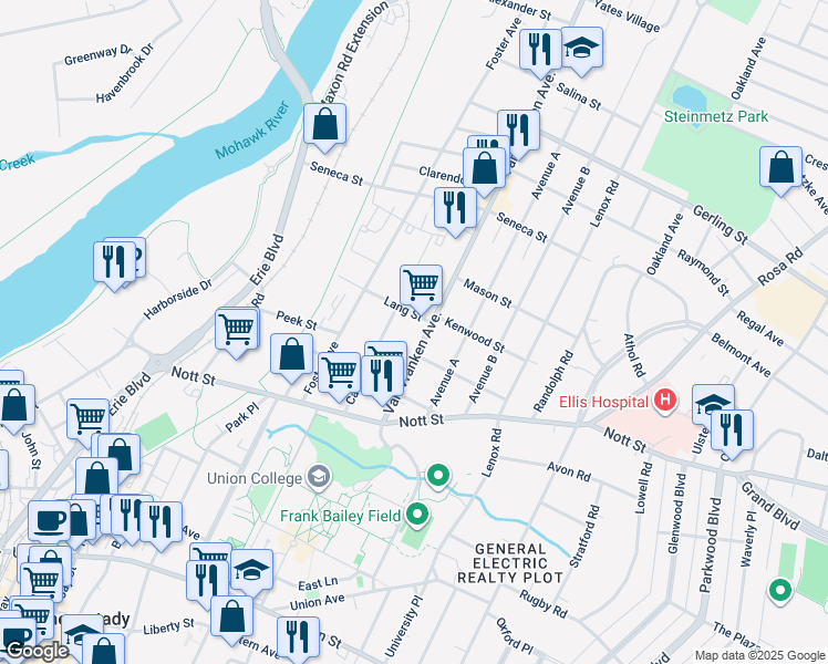 map of restaurants, bars, coffee shops, grocery stores, and more near 1589 Van Vranken Avenue in Schenectady
