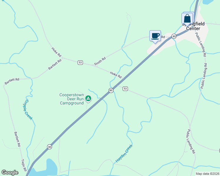 map of restaurants, bars, coffee shops, grocery stores, and more near 7482-7522 New York 80 in Cooperstown