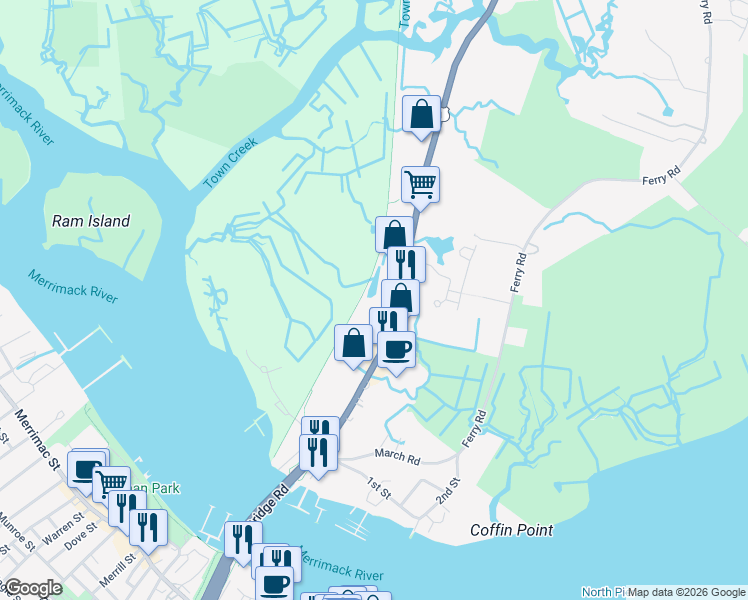 map of restaurants, bars, coffee shops, grocery stores, and more near 136 Bridge Road in Salisbury