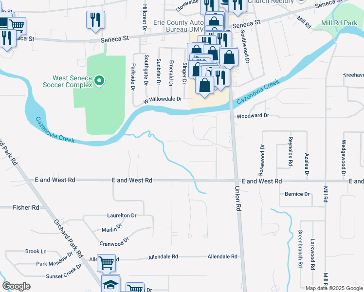 map of restaurants, bars, coffee shops, grocery stores, and more near 4 Gervan Drive in Buffalo