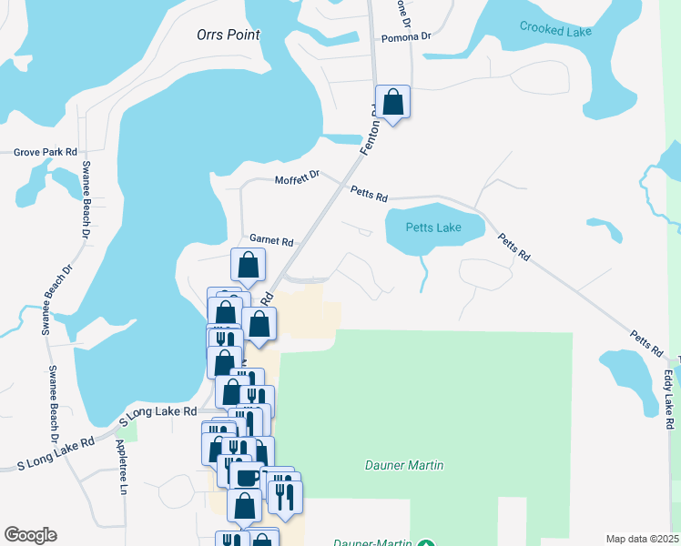 map of restaurants, bars, coffee shops, grocery stores, and more near 1500 North Towne Commons Boulevard in Fenton