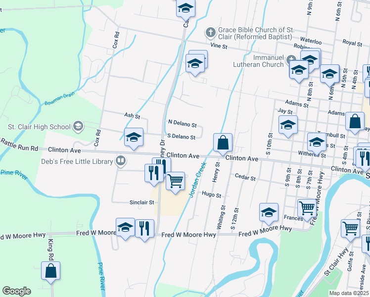 map of restaurants, bars, coffee shops, grocery stores, and more near 1610 Clinton Avenue in Saint Clair