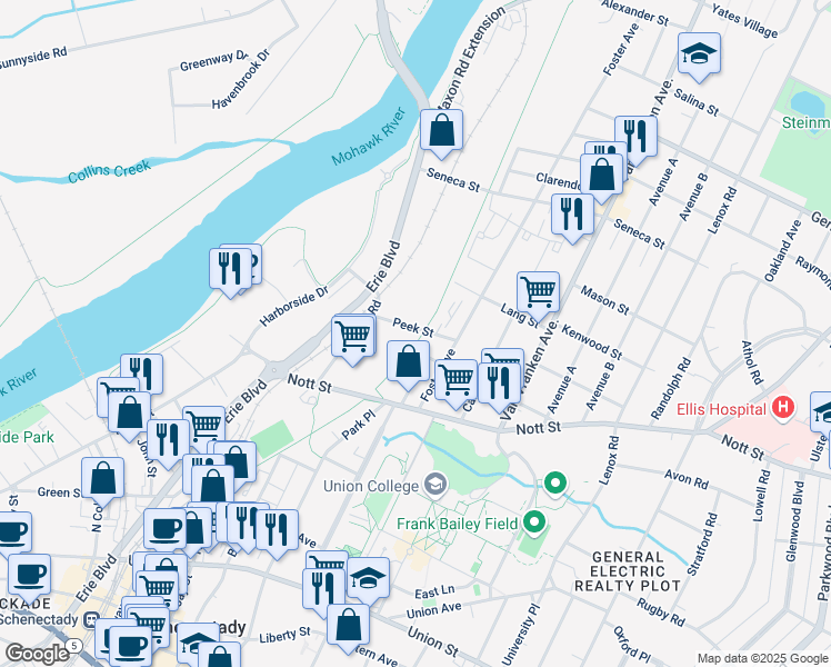 map of restaurants, bars, coffee shops, grocery stores, and more near 1533 Devine Street in Schenectady