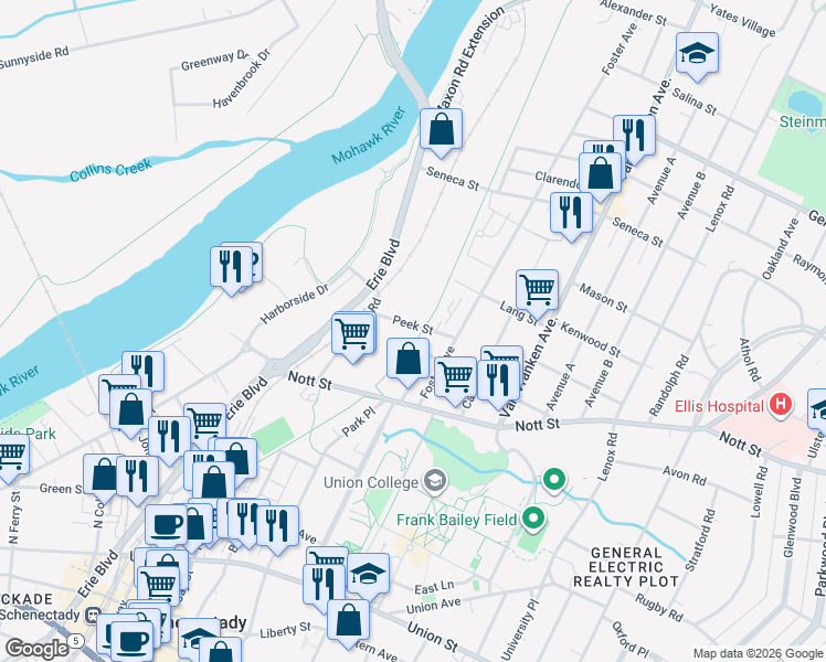 map of restaurants, bars, coffee shops, grocery stores, and more near 1533 Devine Street in Schenectady