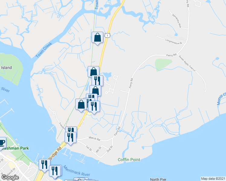 map of restaurants, bars, coffee shops, grocery stores, and more near 127 Bridge Road in Salisbury