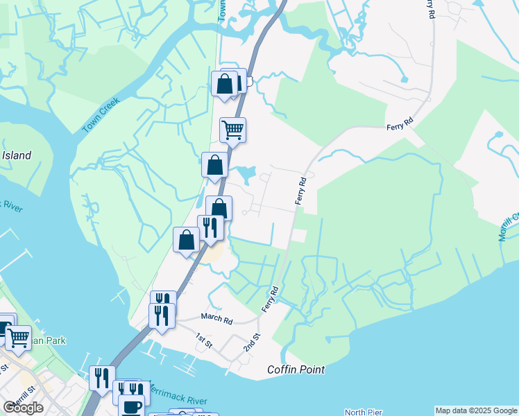 map of restaurants, bars, coffee shops, grocery stores, and more near 127 Bridge Road in Salisbury