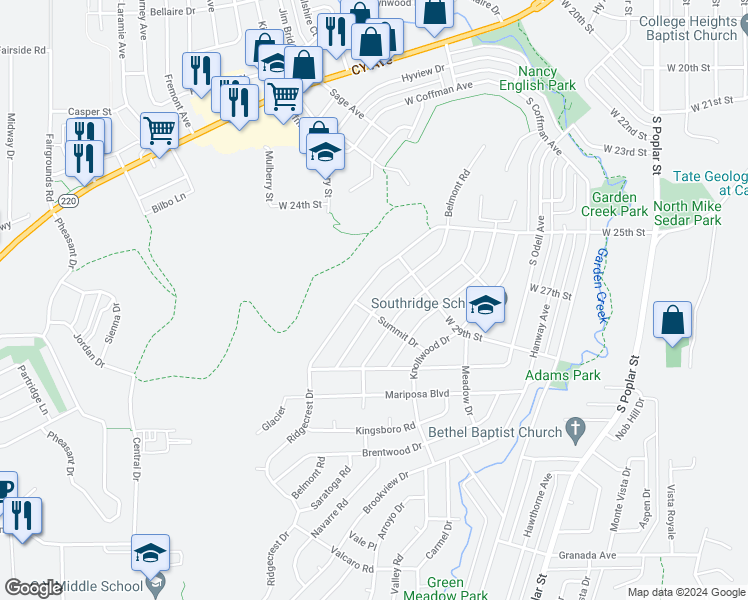 map of restaurants, bars, coffee shops, grocery stores, and more near 2914 Belmont Road in Casper