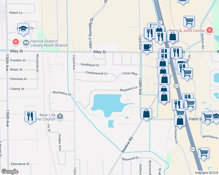 map of restaurants, bars, coffee shops, grocery stores, and more near 13002 Blueberry Lane in Holland