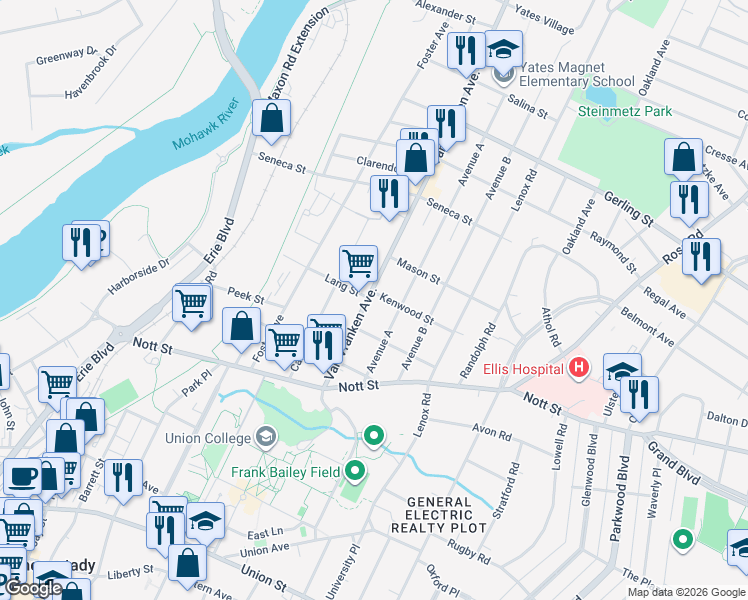 map of restaurants, bars, coffee shops, grocery stores, and more near 1613 Avenue A in Schenectady