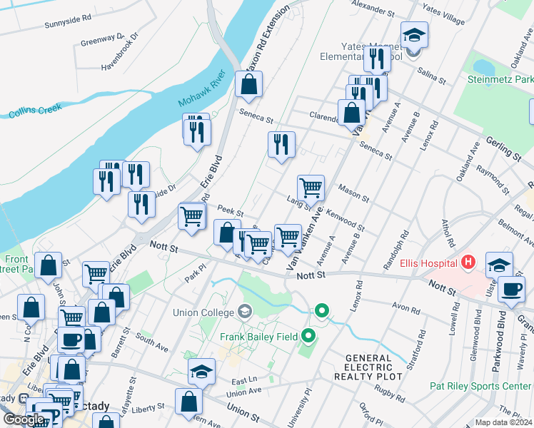 map of restaurants, bars, coffee shops, grocery stores, and more near 1579 Carrie Street in Schenectady