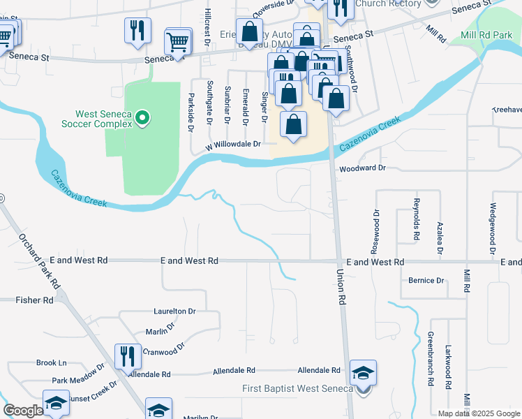 map of restaurants, bars, coffee shops, grocery stores, and more near 4 Gervan Drive in Buffalo