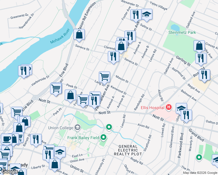 map of restaurants, bars, coffee shops, grocery stores, and more near 1613 Avenue A in Schenectady