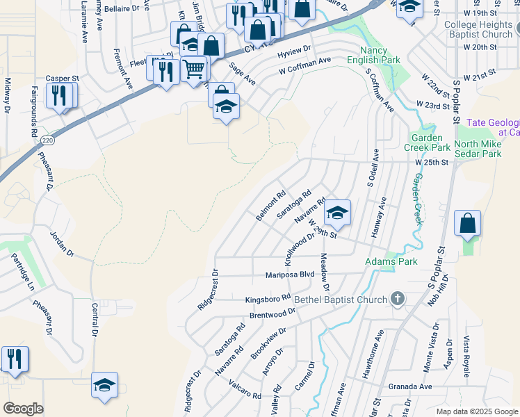 map of restaurants, bars, coffee shops, grocery stores, and more near 2914 Belmont Drive in Casper