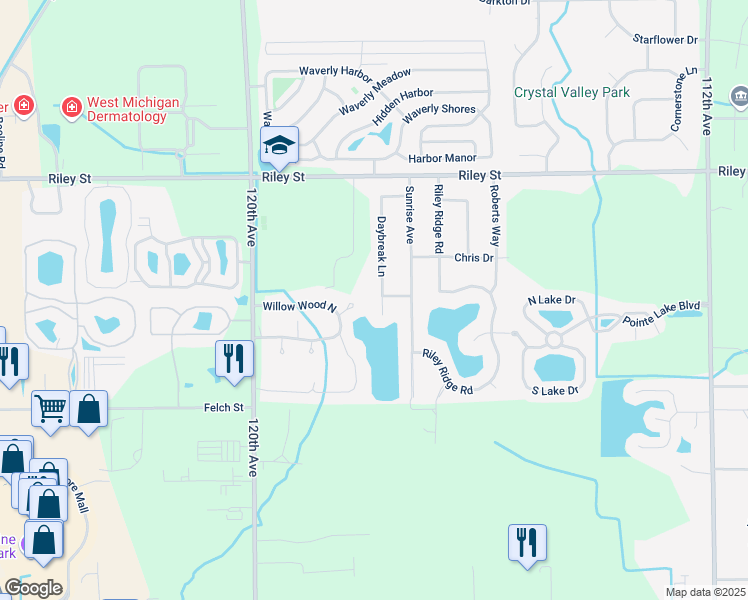 map of restaurants, bars, coffee shops, grocery stores, and more near 2965 Daybreak Lane in Holland