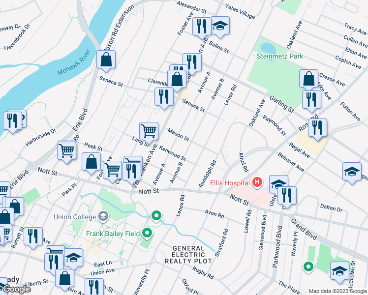 map of restaurants, bars, coffee shops, grocery stores, and more near 1685 Avenue A in Schenectady