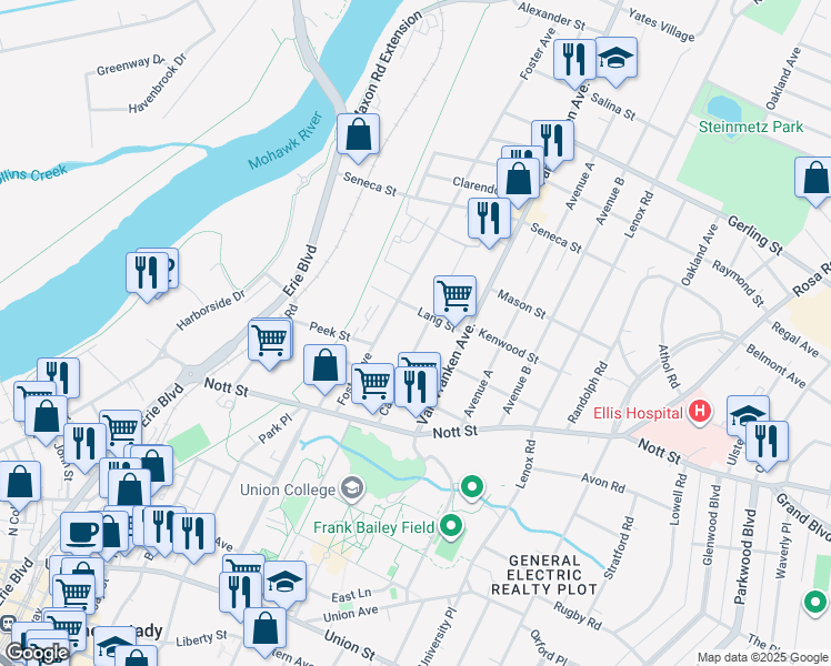 map of restaurants, bars, coffee shops, grocery stores, and more near 1646 Foster Avenue in Schenectady