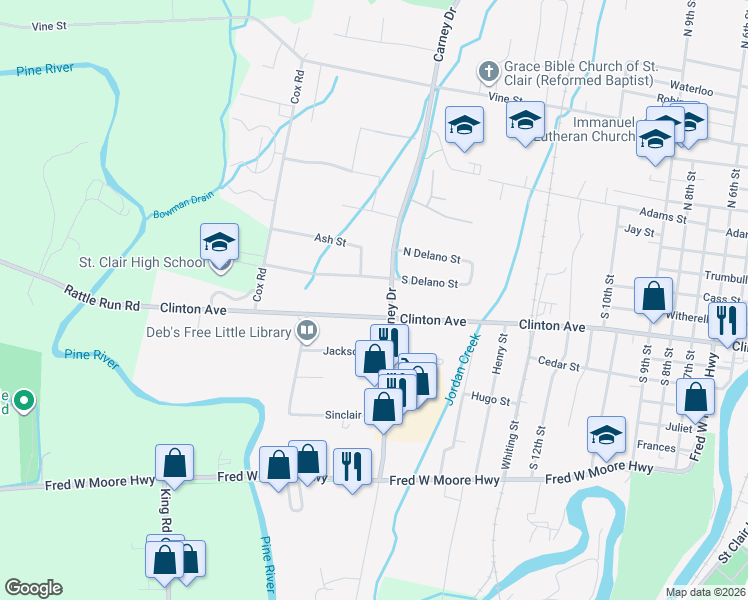 map of restaurants, bars, coffee shops, grocery stores, and more near 1827 South Delano Street in Saint Clair