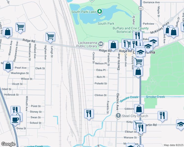 map of restaurants, bars, coffee shops, grocery stores, and more near 83 Center Street in Buffalo