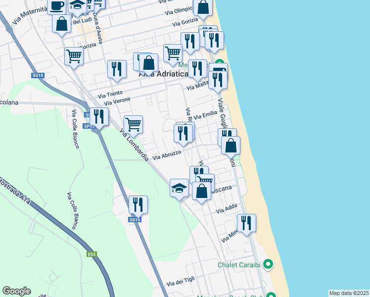 map of restaurants, bars, coffee shops, grocery stores, and more near 66 Via Abruzzo in Alba Adriatica