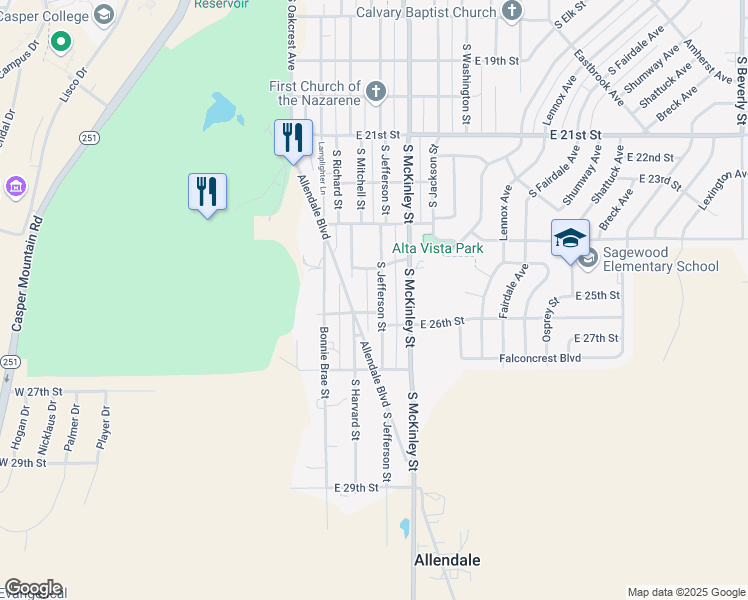 map of restaurants, bars, coffee shops, grocery stores, and more near 841 East 25th Street in Casper
