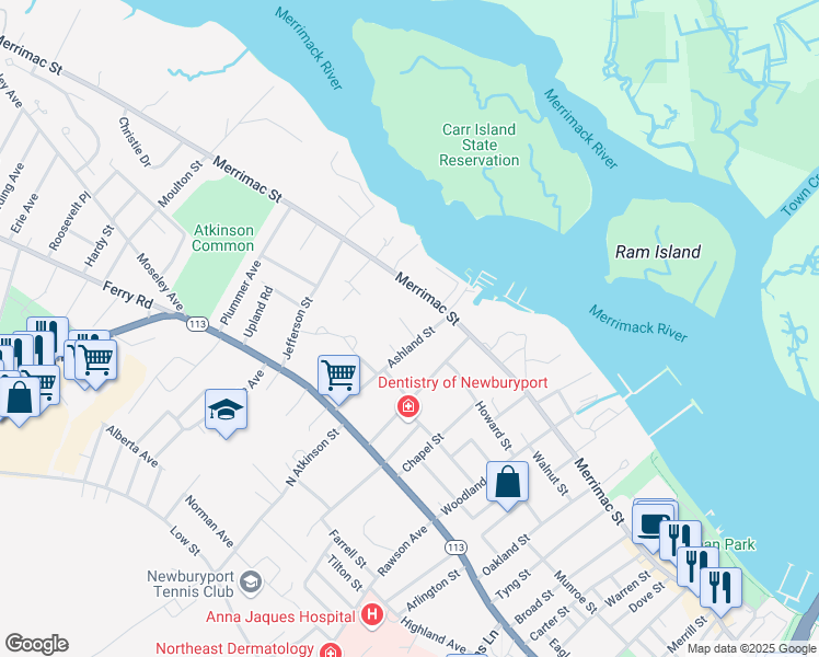 map of restaurants, bars, coffee shops, grocery stores, and more near 341 Merrimac Street in Newburyport