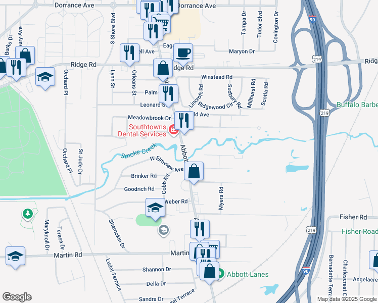 map of restaurants, bars, coffee shops, grocery stores, and more near 1528 Abbott Road in Lackawanna