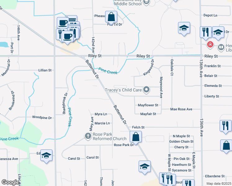 map of restaurants, bars, coffee shops, grocery stores, and more near 475 West Mae Rose Avenue in Holland