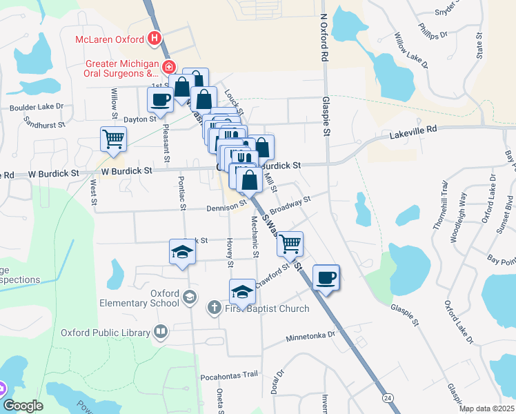 map of restaurants, bars, coffee shops, grocery stores, and more near 64 South Washington Street in Oakland County