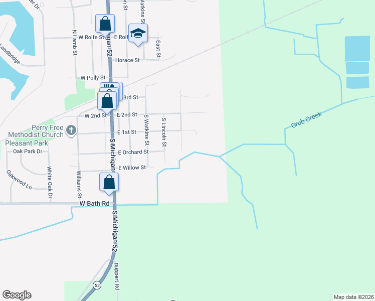 map of restaurants, bars, coffee shops, grocery stores, and more near 301 South Washington Street in Perry