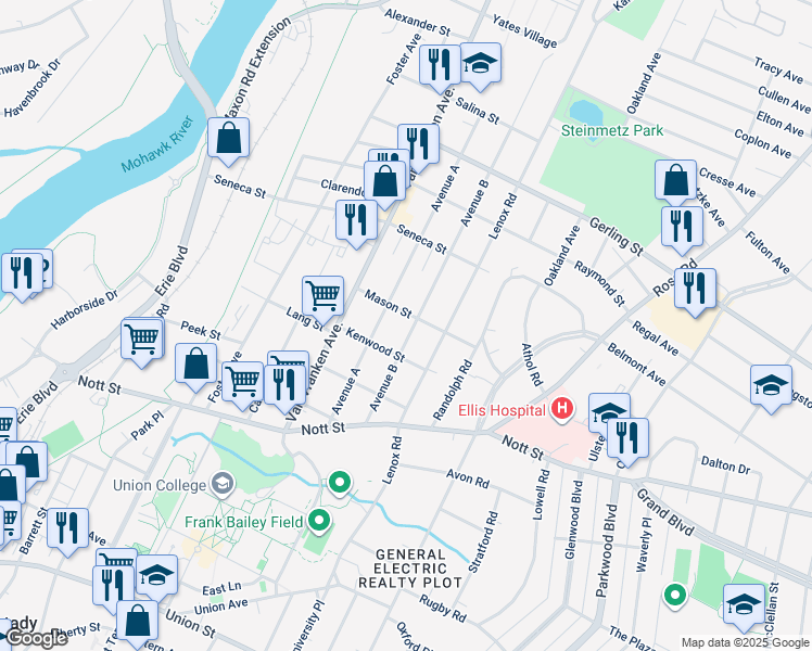 map of restaurants, bars, coffee shops, grocery stores, and more near 1675 Avenue B in Schenectady
