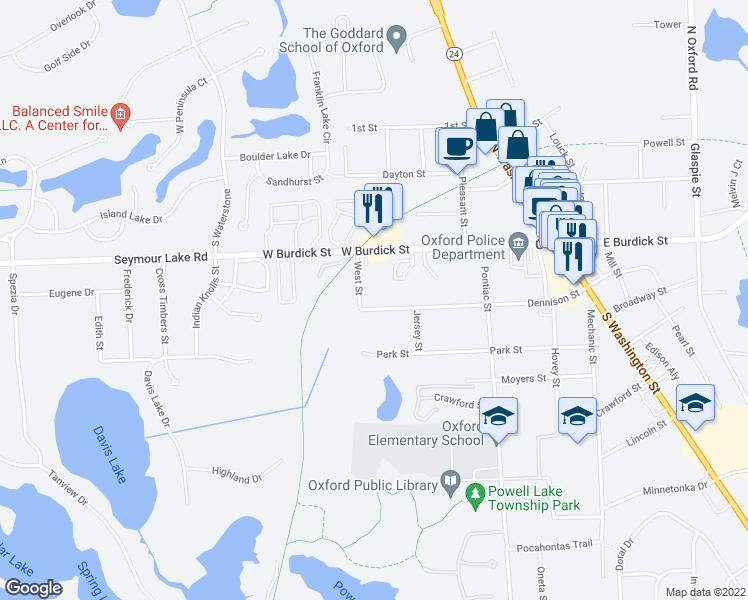 map of restaurants, bars, coffee shops, grocery stores, and more near 113 Dennison Street in Oxford Charter Township