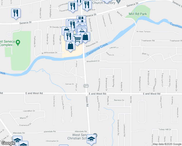 map of restaurants, bars, coffee shops, grocery stores, and more near 827 Union Road in West Seneca