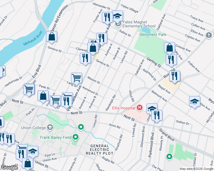 map of restaurants, bars, coffee shops, grocery stores, and more near 905 Mason Street in Schenectady