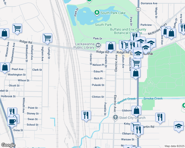 map of restaurants, bars, coffee shops, grocery stores, and more near 83 Center Street in Buffalo