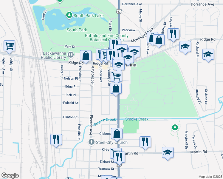 map of restaurants, bars, coffee shops, grocery stores, and more near 98 Victory Avenue in Buffalo